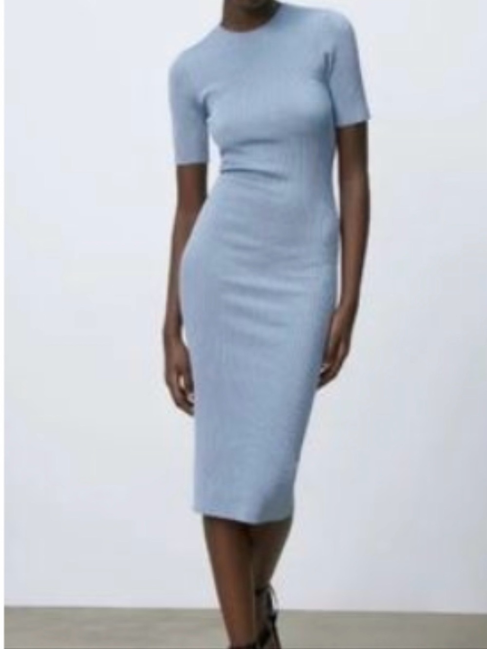 Zara Light Blue Ribbed knit Short-Sleeve Midi Dress